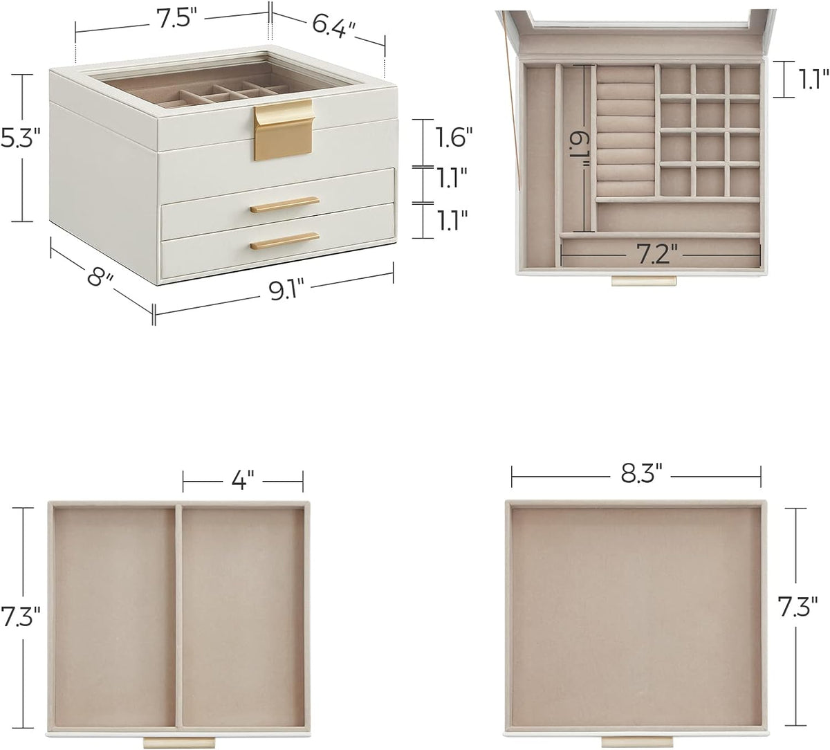 Jewelry Box Organizer, 3-Layer Storage with 2 Drawers, Glass Lid