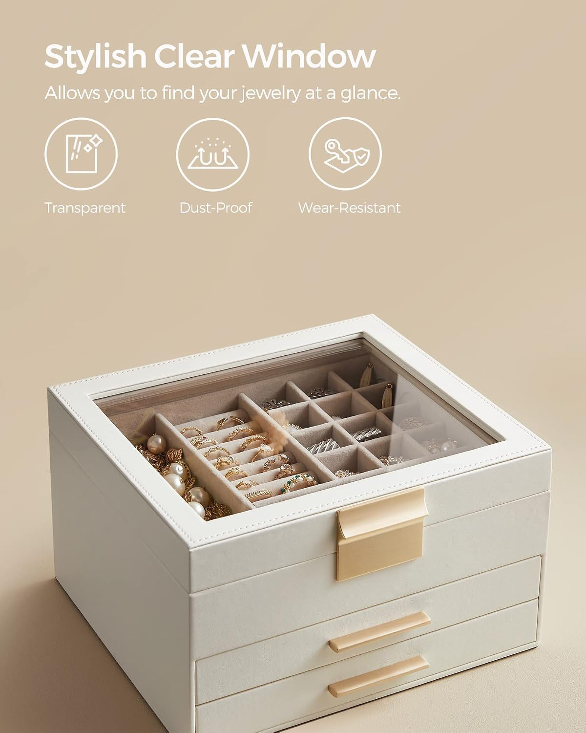Jewelry Box Organizer, 3-Layer Storage with 2 Drawers, Glass Lid